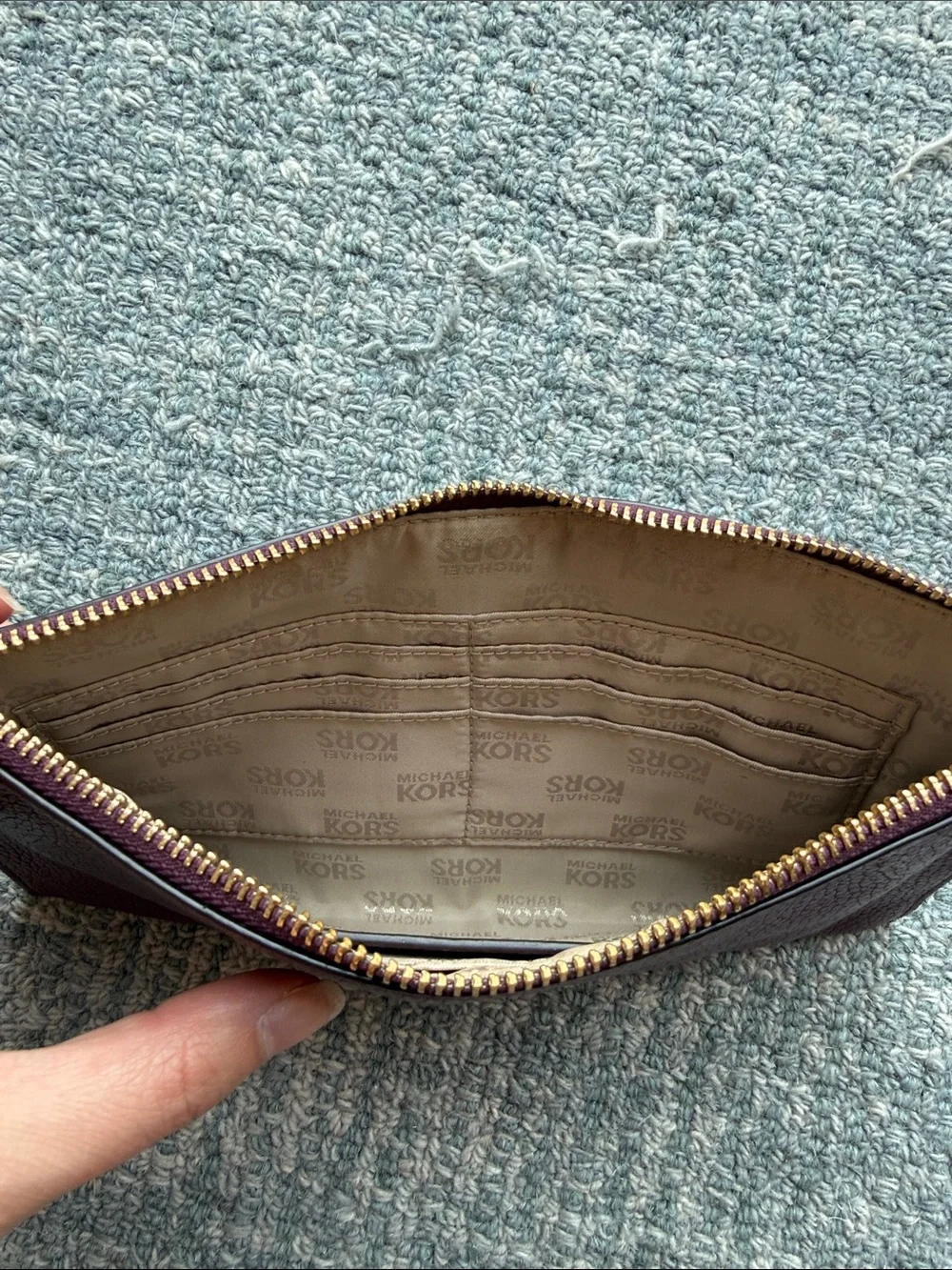 Michael Kors Plum Pebbled Leather Wristlet Clutch with Gold MK Logo